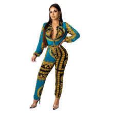 C3703 2019Women fashion sexy printing turn down collar jumpsuit long sleeve women bodycon jumpsuit pencil pants autumn clothing